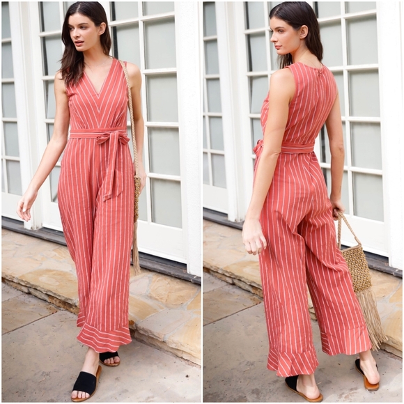 SUGAR + LIPS  Boho Chic Light Rust Striped Jumpsuit - Picture 4 of 9